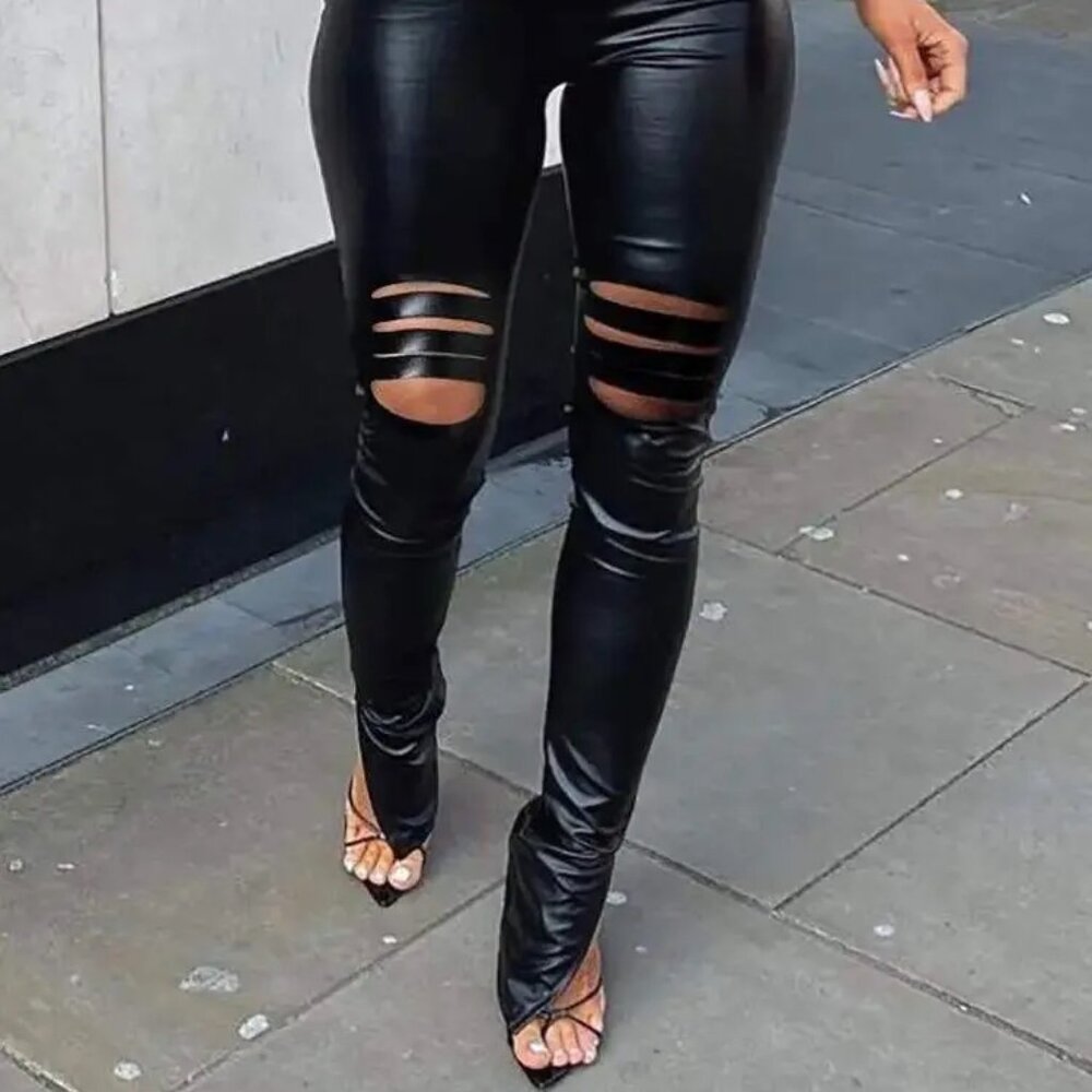 High Waist Pu Leather Skinny Pants with Belt